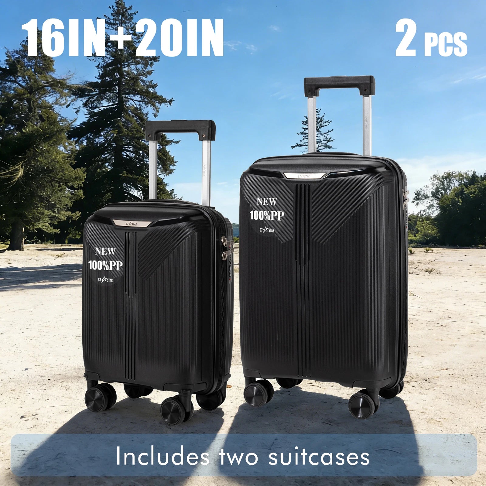 S7 STAR 2-piece suitcase set with lightweight polypropylene, featuring silent spinner wheels, 3-height lockable handle, combination locks, and a toiletry bag, ideal for travel and available in large, medium, and cabin sizes.