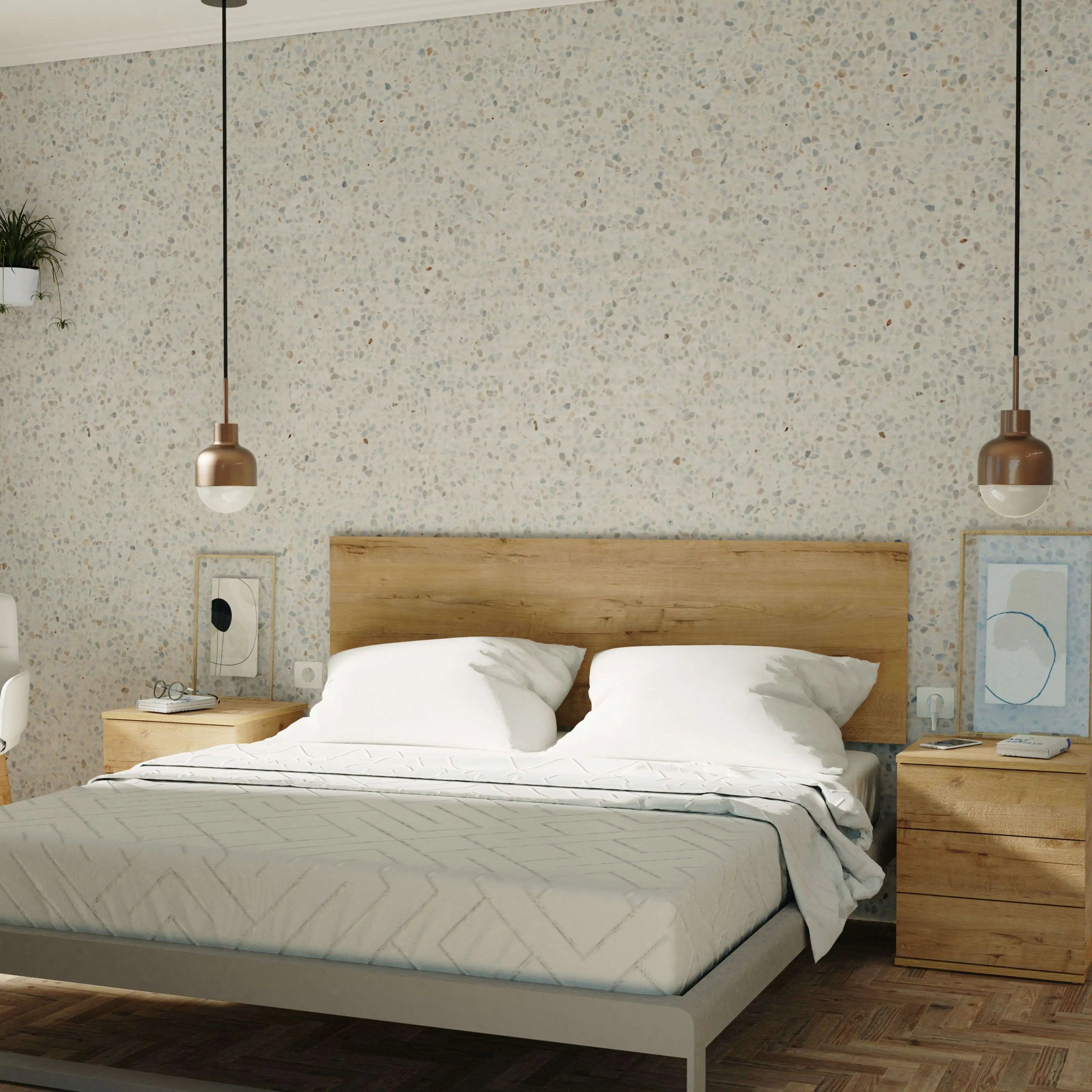 Miroytengo Clim Bed Headboard in Gold Oak Melamine, 160 cm wide, suitable for 135 cm and 150 cm beds, featuring modern industrial design with wall mounting hardware included.