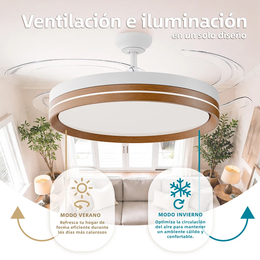 OstarkDom Ceiling Fan with Light 132cm, remote control, silent DC motor with 6 speeds, CCT dimmable LED light, timer function, modern aluminum and wood design, ideal for living rooms and bedrooms.