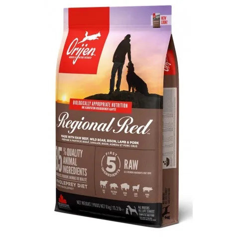 Orijen Adult Regional Red 11.4 Kg - Grain-Free Dog Food with 85% Fresh Meat including Angus and Wild Boar, formulated for strong muscles and easy digestion, rich in vitamins and essential fatty acids.