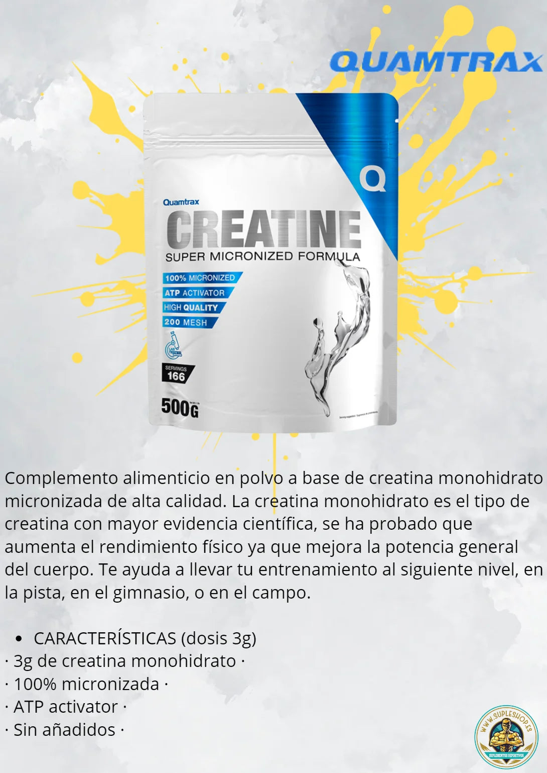 Quamtrax - creatine 200mesh - 500g - powdered food supplement based on high-quality micronized creatine monohydrate. Creatine monohydrate is the type of creatine with the most scientific evidence, it has been proven to increa