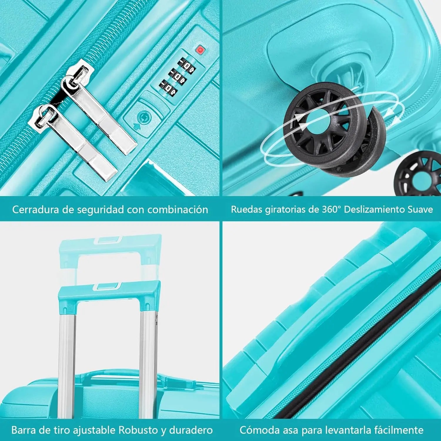 Artree 4-Piece Set of Rigid Travel Suitcases with Security Lock and 360° Double Wheels, featuring durable polypropylene construction, organized interior compartments, and lightweight design, perfect for family trips.