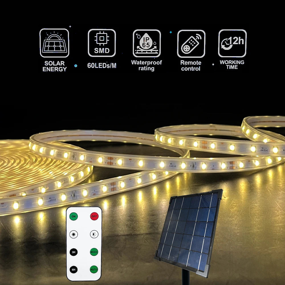 Dimmable outdoor solar strip light, 3.2v, flexible, ip65 waterproof, led lights with remote control and pick for garden, warm light 2700k