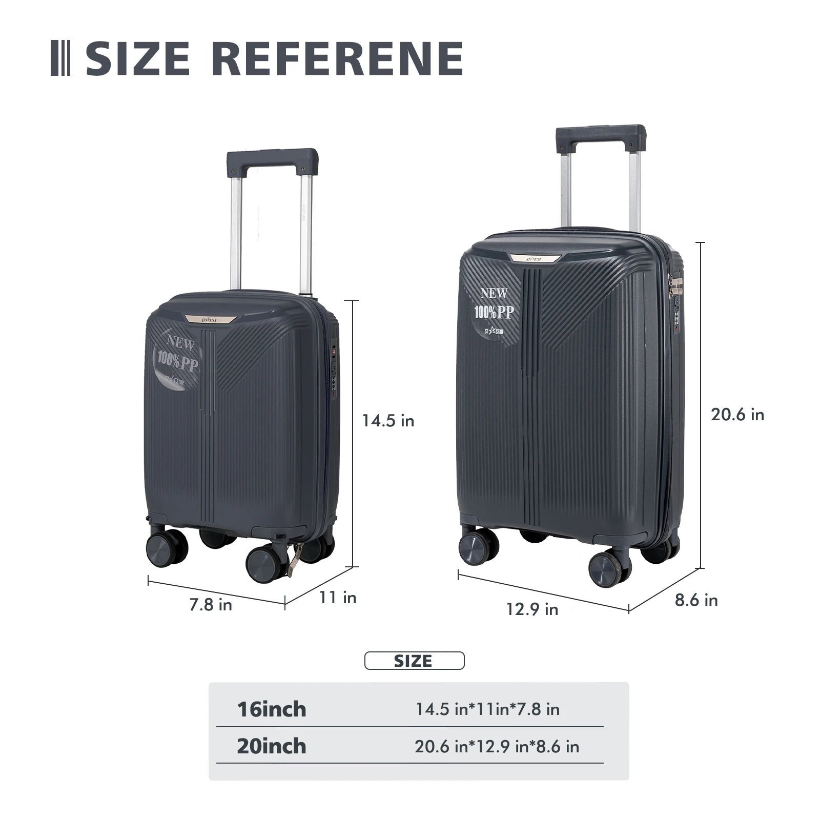 S7 STAR 2-piece suitcase set with lightweight polypropylene, featuring silent spinner wheels, 3-height lockable handle, combination locks, and a toiletry bag, ideal for travel and available in large, medium, and cabin sizes.