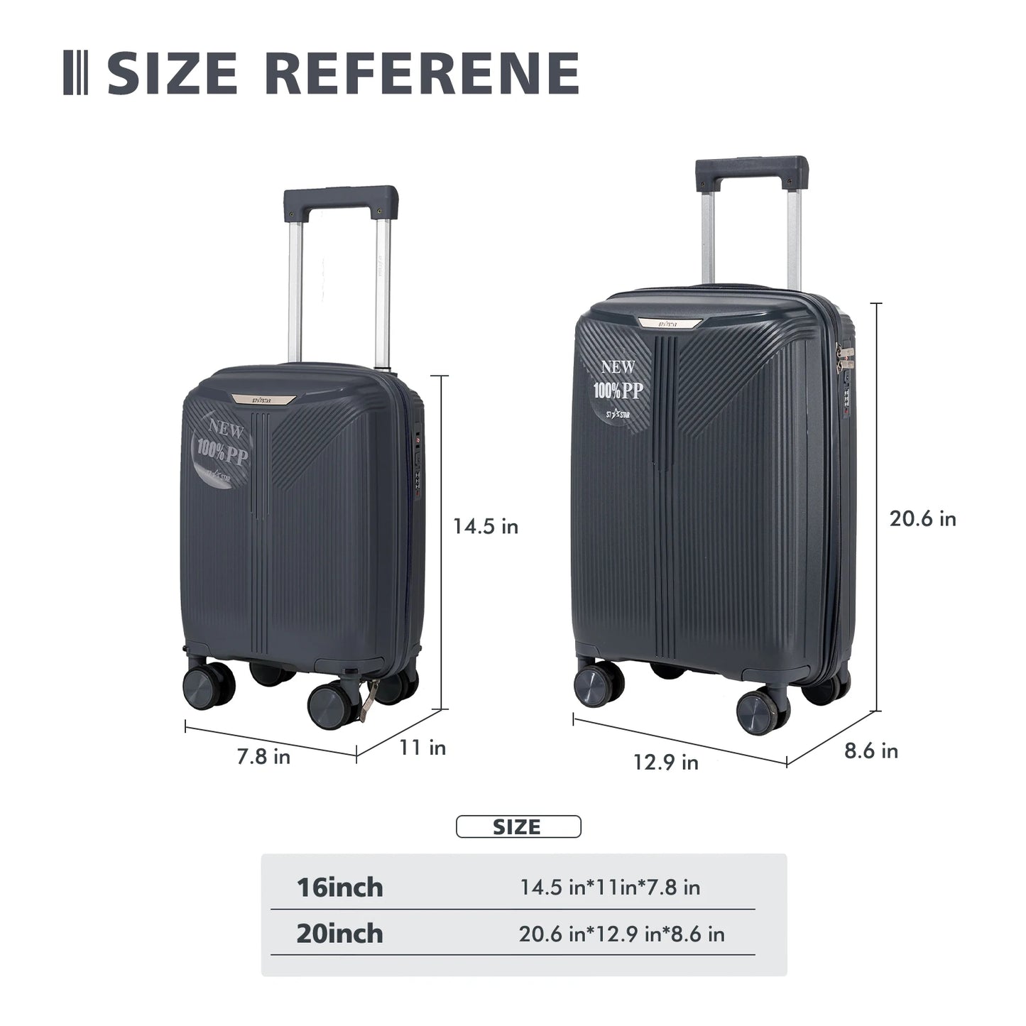 S7 STAR 2-piece suitcase set with lightweight polypropylene, featuring silent spinner wheels, 3-height lockable handle, combination locks, and a toiletry bag, ideal for travel and available in large, medium, and cabin sizes.