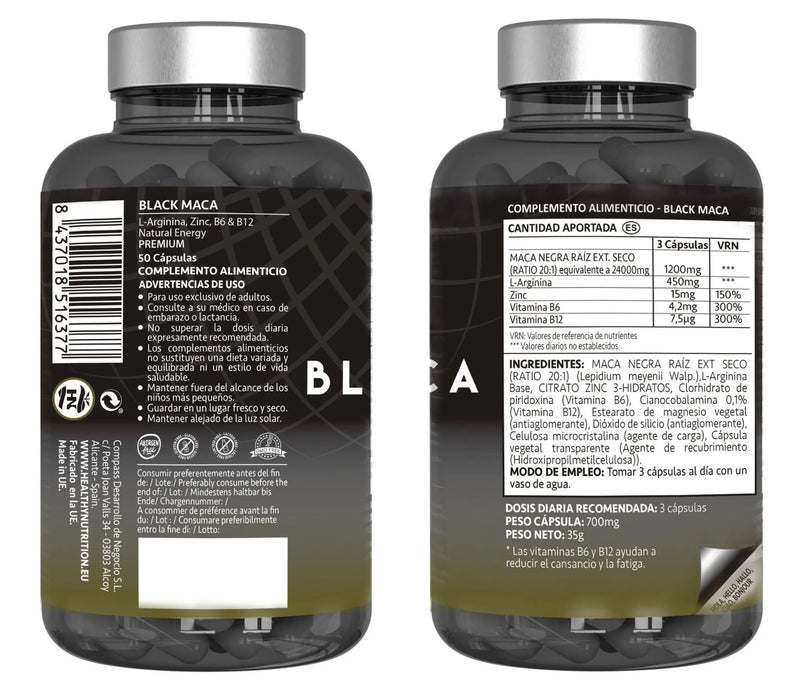 Hn - healthy nutrition black andina peruvian maca with l arginine - high concentration - vitamins b6 and b12 help reduce tiredness and fatigue - maca for men and women (50 caps)
