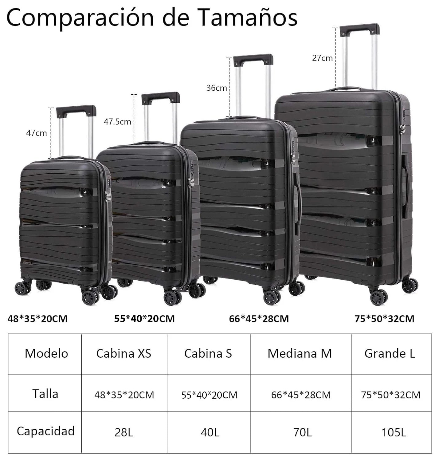 Artree 4-Piece Set of Rigid Travel Suitcases with Security Lock and 360° Double Wheels, featuring durable polypropylene construction, organized interior compartments, and lightweight design, perfect for family trips.