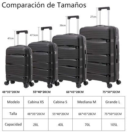 Artree 4-Piece Set of Rigid Travel Suitcases with Security Lock and 360° Double Wheels, featuring durable polypropylene construction, organized interior compartments, and lightweight design, perfect for family trips.