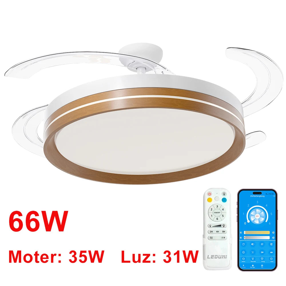 OstarkDom Ceiling Fan with Light 132cm, remote control, silent DC motor with 6 speeds, CCT dimmable LED light, timer function, modern aluminum and wood design, ideal for living rooms and bedrooms.