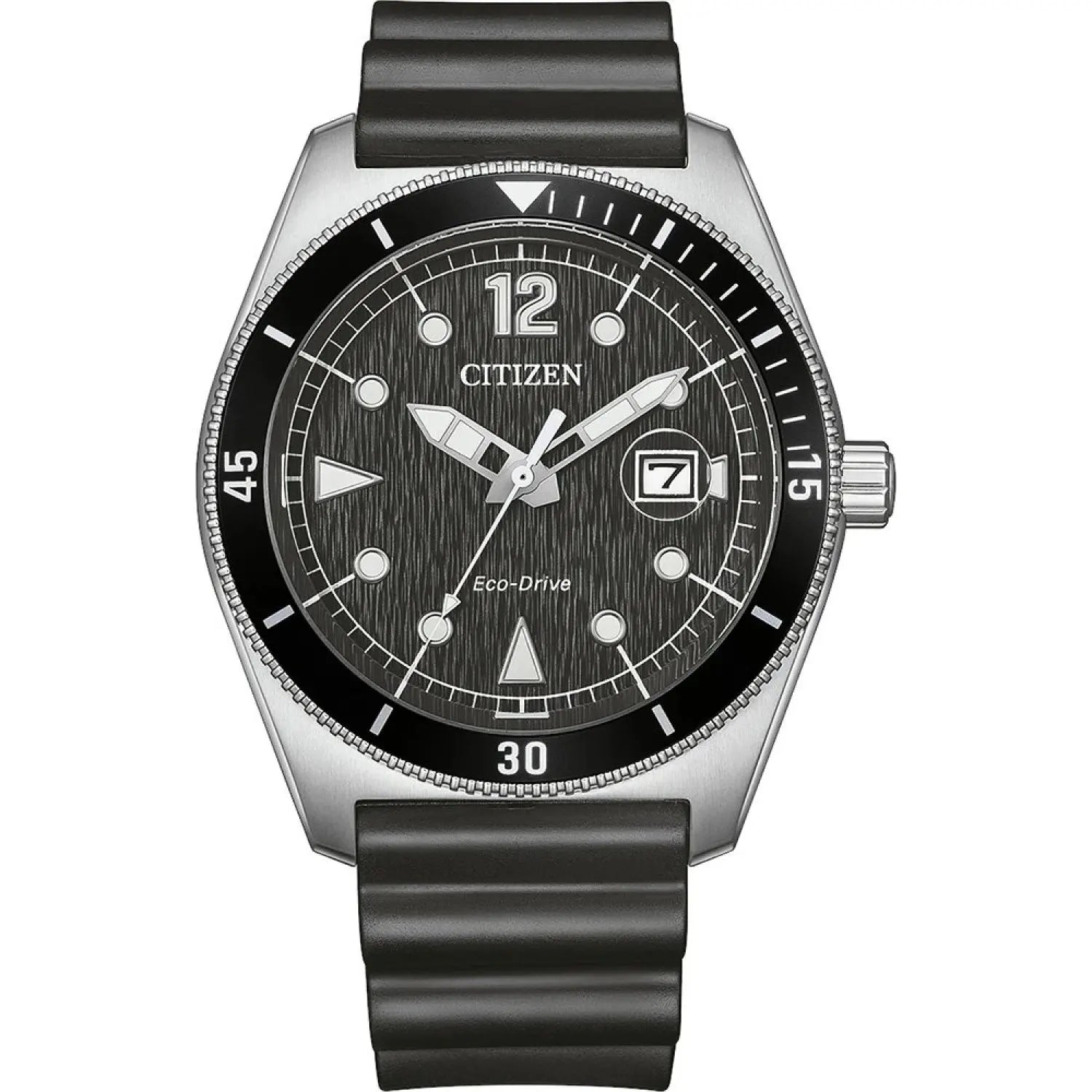Citizen AW1889-00E Marine 188 men's analog watch features a solar Eco Drive movement, 43mm steel barrel case, polyurethane strap, luminous hands, black dial, and 10 ATM water resistance for luxury sports wear.