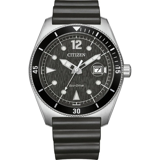 Citizen AW1889-00E Marine 188 men's analog watch features a solar Eco Drive movement, 43mm steel barrel case, polyurethane strap, luminous hands, black dial, and 10 ATM water resistance for luxury sports wear.