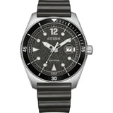 Citizen AW1889-00E Marine 188 men's analog watch features a solar Eco Drive movement, 43mm steel barrel case, polyurethane strap, luminous hands, black dial, and 10 ATM water resistance for luxury sports wear.