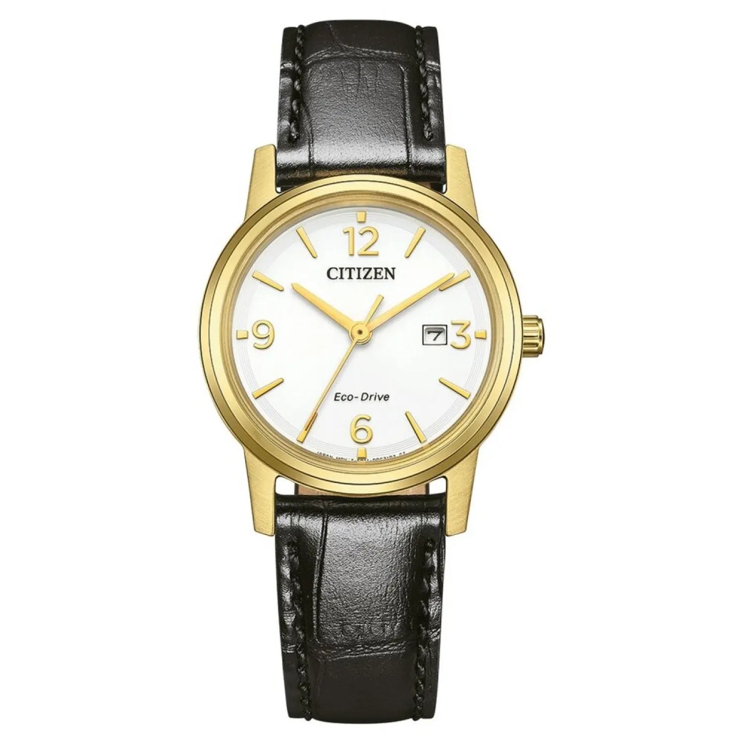 Citizen Of collection EW2722-01A Eco Drive women's watch with a gold-plated stainless steel case, black leather strap, white dial, Eco Drive movement, and 3 ATM water resistance, perfect for stylish women.