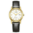 Citizen Of collection EW2722-01A Eco Drive women's watch with a gold-plated stainless steel case, black leather strap, white dial, Eco Drive movement, and 3 ATM water resistance, perfect for stylish women.