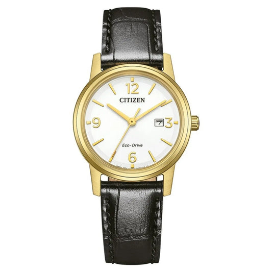 Citizen Of collection EW2722-01A Eco Drive women's watch with a gold-plated stainless steel case, black leather strap, white dial, Eco Drive movement, and 3 ATM water resistance, perfect for stylish women.