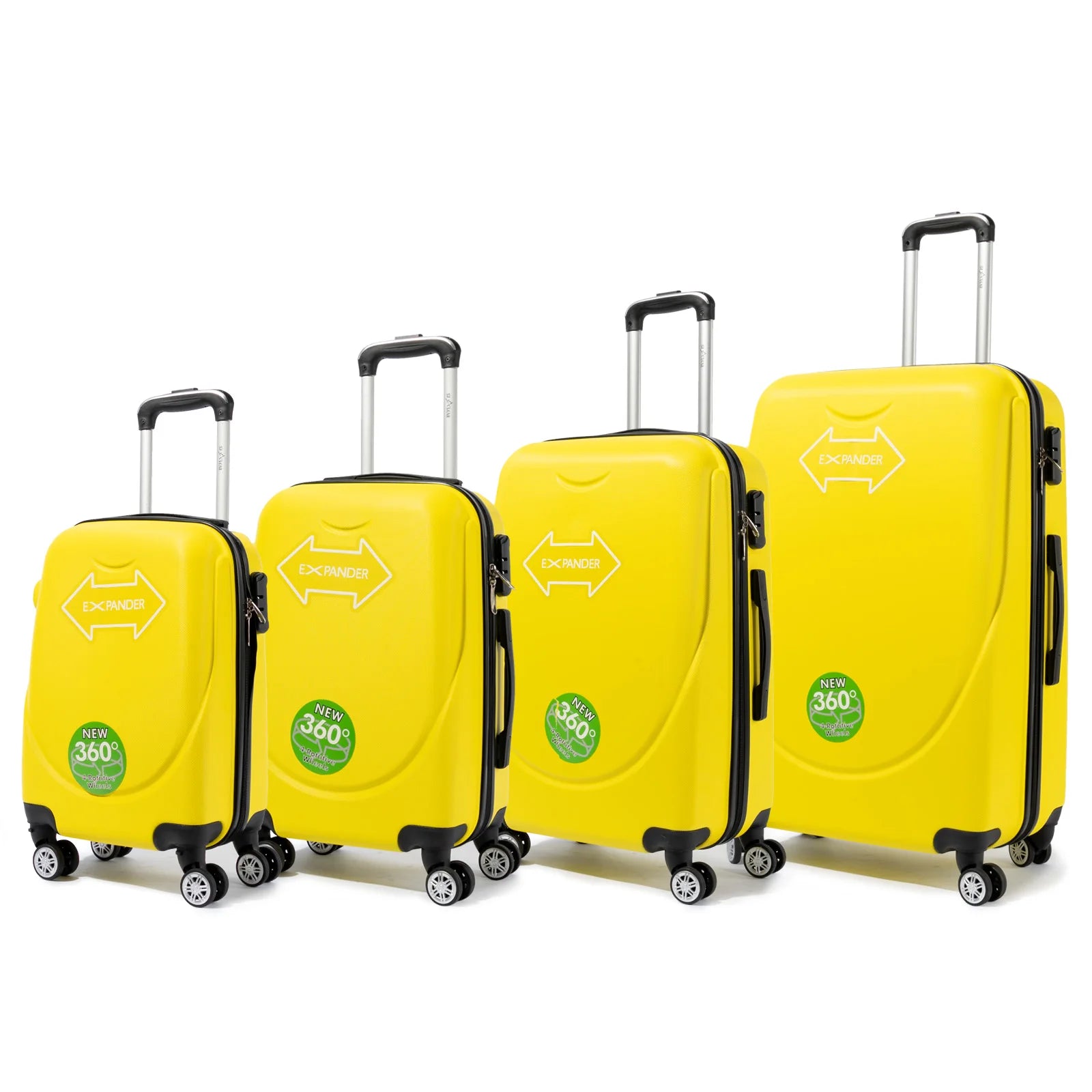 S7 STAR ABS luggage set with 4 pieces of suitcases in sizes 18/20/24/28 inches featuring 360° silent wheels, durable ABS material, and organized interior compartments for business and travel.