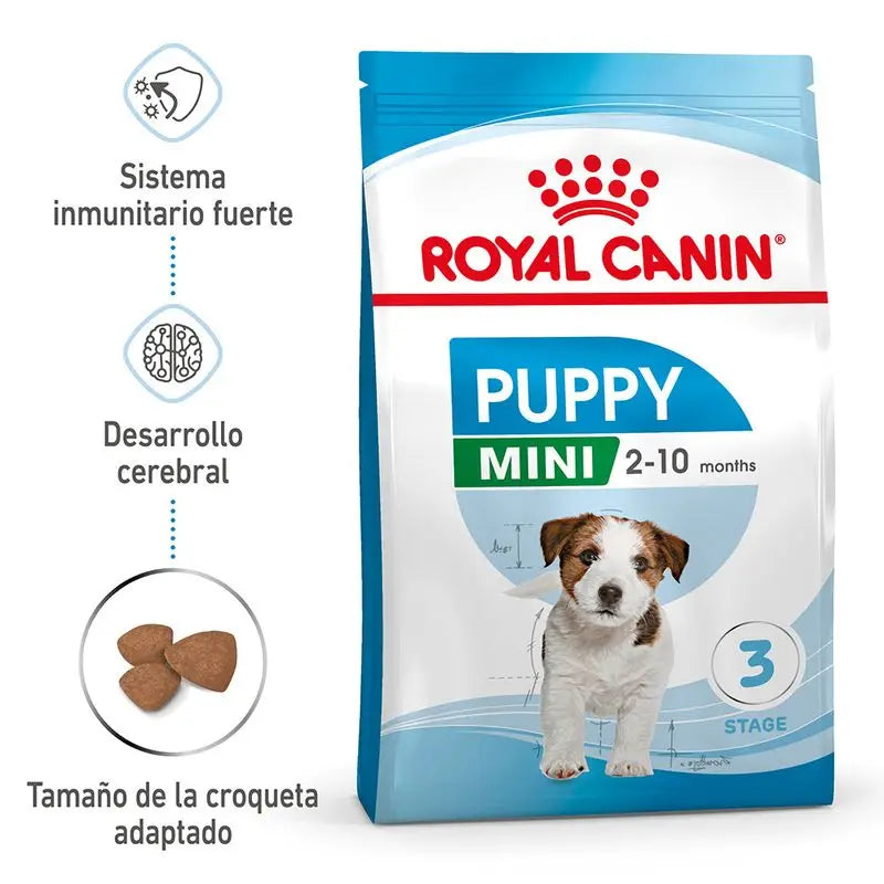 Royal Canin Mini Puppy 8KG dog food for small breed puppies up to 10 kg, with balanced nutrition, high energy for growth, and enriched with vitamins C and E for immune support and digestive health.