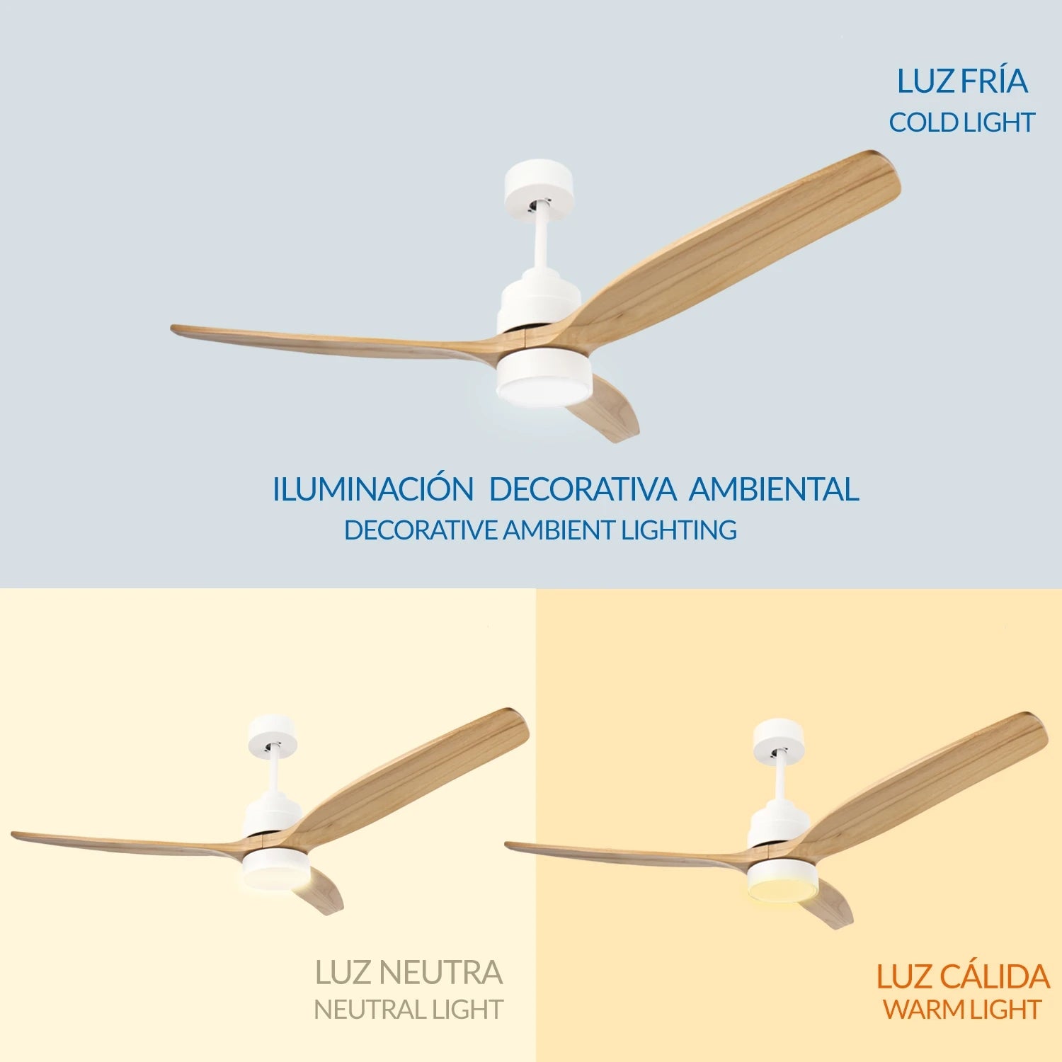 OstarkDom Ceiling Fan with Light 132cm, remote control, silent DC motor with 6 speeds, CCT dimmable LED light, timer function, modern aluminum and wood design, ideal for living rooms and bedrooms.