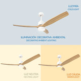OstarkDom Ceiling Fan with Light 132cm, remote control, silent DC motor with 6 speeds, CCT dimmable LED light, timer function, modern aluminum and wood design, ideal for living rooms and bedrooms.