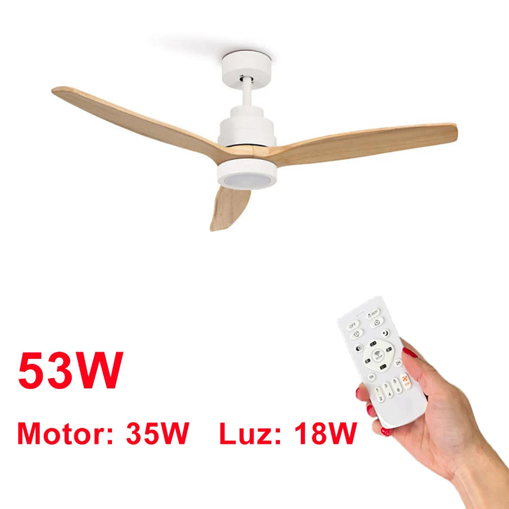 OstarkDom Ceiling Fan with Light 132cm, remote control, silent DC motor with 6 speeds, CCT dimmable LED light, timer function, modern aluminum and wood design, ideal for living rooms and bedrooms.