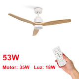 OstarkDom Ceiling Fan with Light 132cm, remote control, silent DC motor with 6 speeds, CCT dimmable LED light, timer function, modern aluminum and wood design, ideal for living rooms and bedrooms.