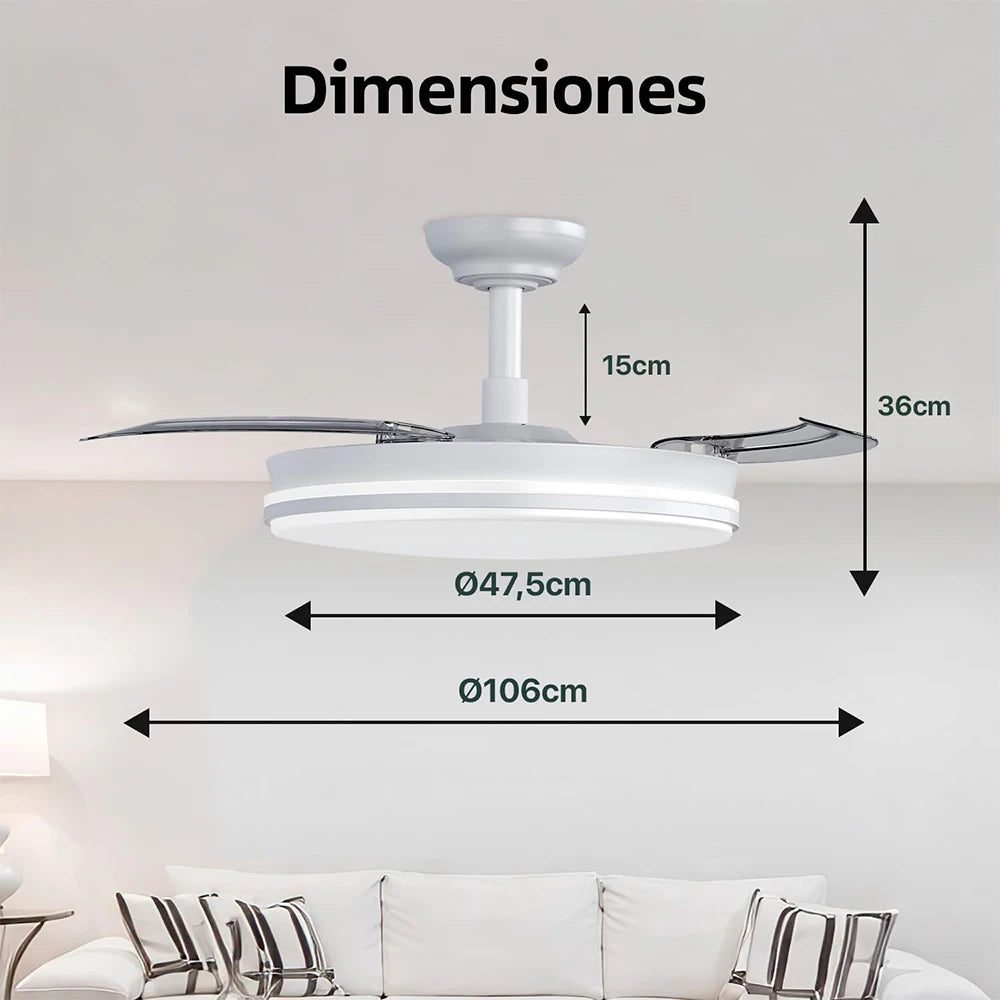 OstarkDom Ceiling Fan with Light 132cm, remote control, silent DC motor with 6 speeds, CCT dimmable LED light, timer function, modern aluminum and wood design, ideal for living rooms and bedrooms.