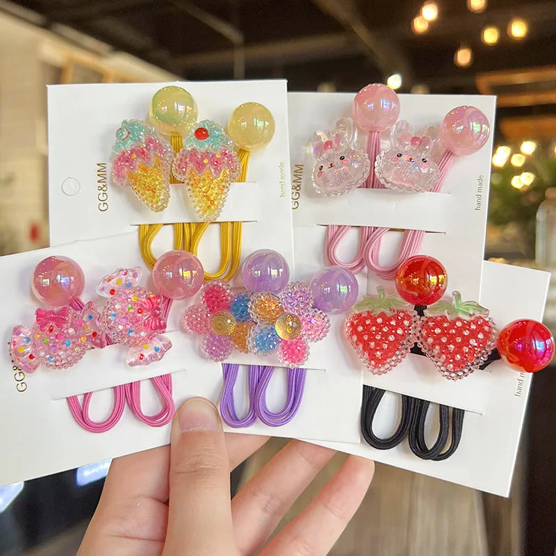 Elastic Hair Bands for Girls, Lovely Cartoon, Morango, Doces, Princesa, Acessórios de cabelo para crianças, Laços de cabelo para crianças, Baby Headwear, 2 peças