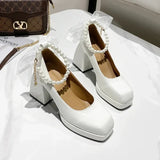 Elegantes tacones altos con punta cuadrada y lazo para mujer, negros, a la moda, con tacón grueso, para bodas, fiestas, con encaje de perlas. 