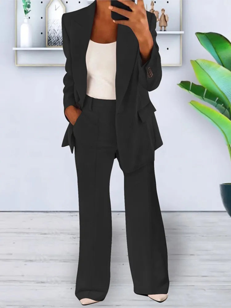 Elegante cárdigan de manga larga con solapa y pantalones de pierna ancha, conjunto de 2 piezas para mujer, moda Otoño Invierno, traje femenino con bolsillos y botones 
