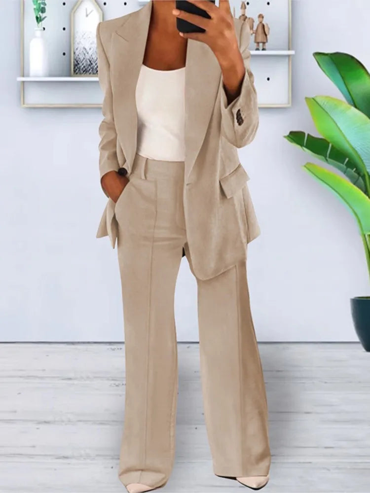 Elegant Lapel Long Sleeve Cardigan Top+Wide Leg Pants 2 Piece Set for Women Fashion Autumn Winter Button Pocket Female Suit 