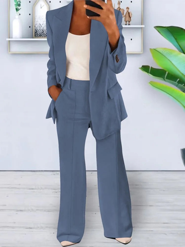 Elegant Lapel Long Sleeve Cardigan Top+Wide Leg Pants 2 Piece Set for Women Fashion Autumn Winter Button Pocket Female Suit 
