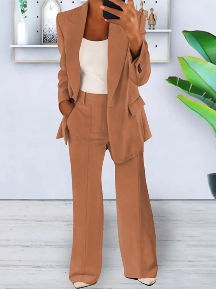 Elegante cárdigan de manga larga con solapa y pantalones de pierna ancha, conjunto de 2 piezas para mujer, moda Otoño Invierno, traje femenino con bolsillos y botones 