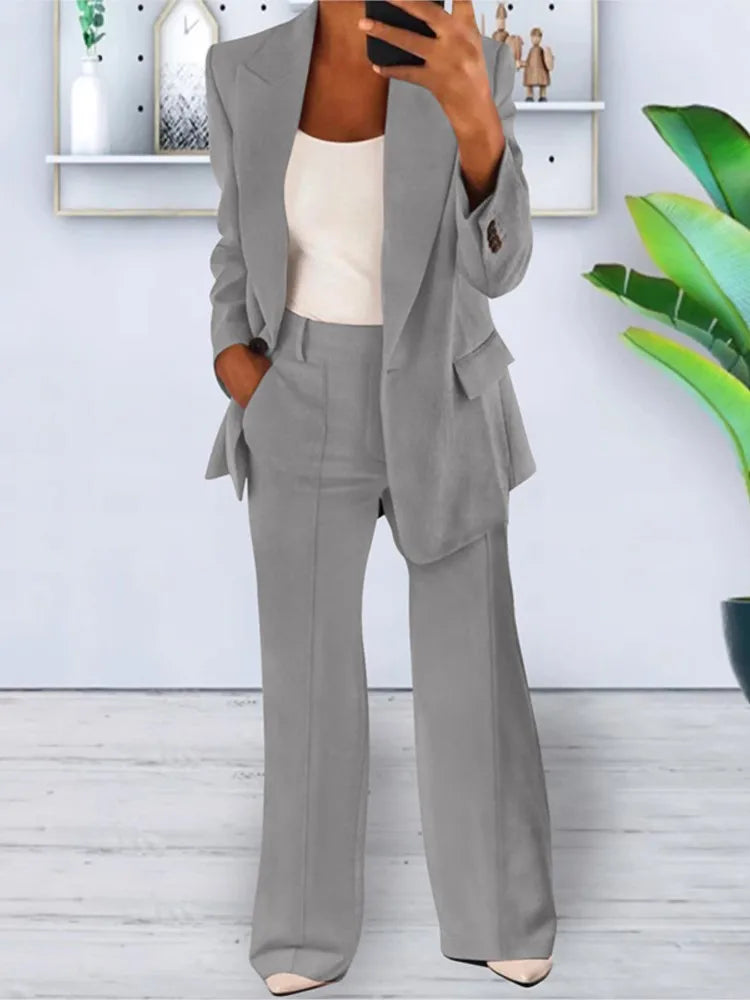 Elegante cárdigan de manga larga con solapa y pantalones de pierna ancha, conjunto de 2 piezas para mujer, moda Otoño Invierno, traje femenino con bolsillos y botones 