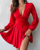 Elegant Women Party Dress Mini Skirt Short Button Skirt Ruched Lantern Sleeve Casual Sexy Plume Summer Autumn Newest 2022 