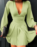 Elegant Women Party Dress Mini Skirt Short Button Skirt Ruched Lantern Sleeve Casual Sexy Plume Summer Autumn Newest 2022 