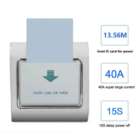 Energy Saving Switch para Hotel, High Frequency, 13.56M Cartão de Apoio, Tensão Larga, 110V, 127V, 220V, 40A, Cartão IC Desligado, 15s Atraso