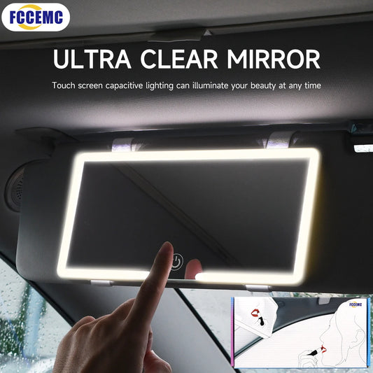 Espejos interiores de coche con visera solar, espejo de maquillaje LED HD para niñas y mujeres, luz de relleno recargable, espejo de tocador delgado universal. 
