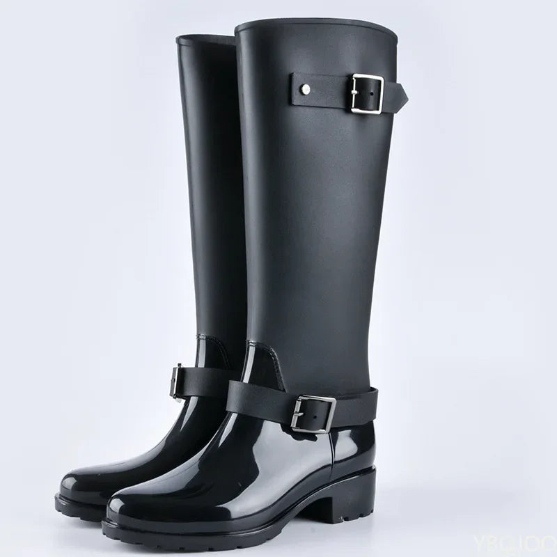 Punk Style Zipper Women's High Boots Pure Color Outdoor Rain Boots Rubber Water Shoes For Female 36-41 Plus Size 