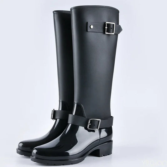 Estilo punk zíper botas altas femininas cor pura botas de chuva ao ar livre sapatos de água de borracha para o sexo feminino 36-41 plus size