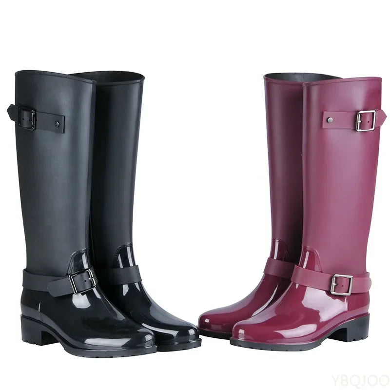 Punk Style Zipper Women's High Boots Pure Color Outdoor Rain Boots Rubber Water Shoes For Female 36-41 Plus Size 