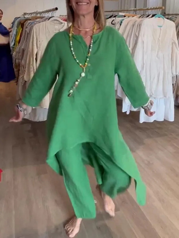 Women's Long-sleeved Cotton and Linen Suit, Pure Color, Casual, Europe and the United States, Beyond Borders, New, Summer, 2024 