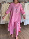 Women's Long-sleeved Cotton and Linen Suit, Pure Color, Casual, Europe and the United States, Beyond Borders, New, Summer, 2024 