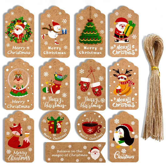 Feliz Natal Obrigado Papel Kraft Tags, Xmas Tree Hanging Label, Gift Card Decorações para Casa, Festa de Ano Novo, 50pcs