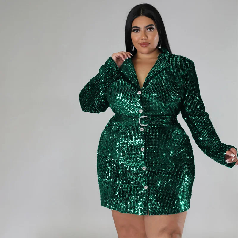 Women Plus Size Suit Dresses Fashion Lapel Long Sleeve Sequin Blazer Elegant Casual Lady Solid Color Jacket Dress for Party 