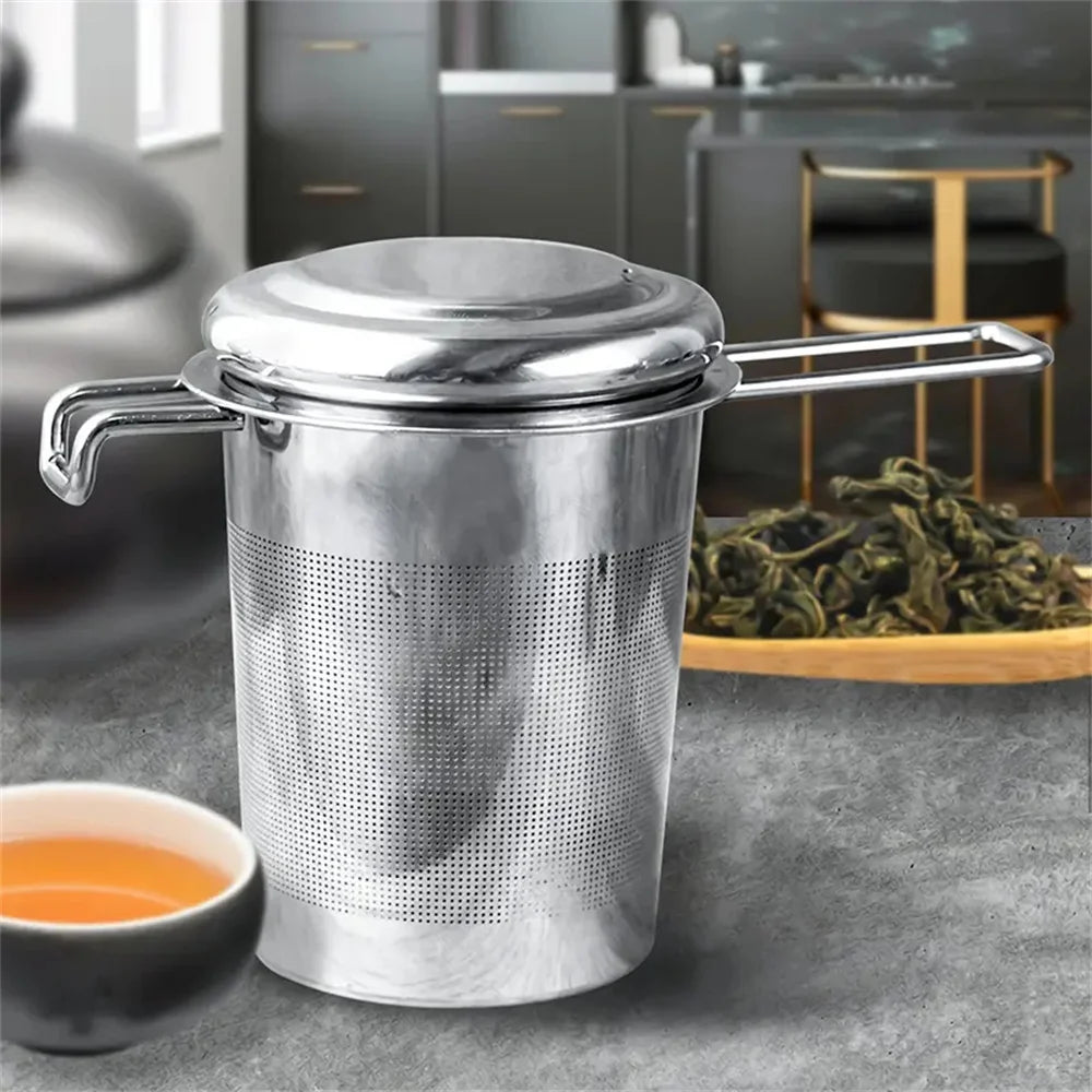 Colador de té de acero inoxidable de primera calidad con asa plegable extensible, colador de té suelto con tapa, antiescaldaduras, filtro de té multifuncional, 1 pieza 