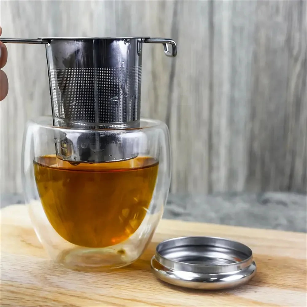 Colador de té de acero inoxidable de primera calidad con asa plegable extensible, colador de té suelto con tapa, antiescaldaduras, filtro de té multifuncional, 1 pieza 