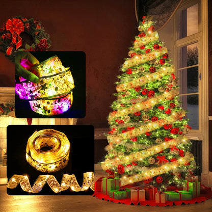 Guirnalda de luces navideñas con cintas, adornos navideños para el hogar, adornos navideños 2024, regalos de Navidad, Año Nuevo 2025 