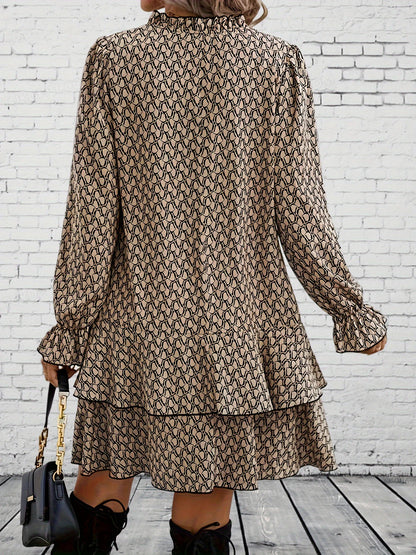 Flare sleeve pleated dress, plus size, print 