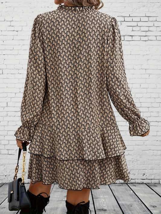 Flare manga plissado vestido, plus size, impressão