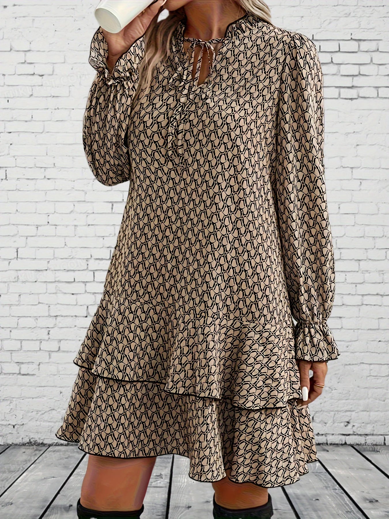 Flare manga plissado vestido, plus size, impressão